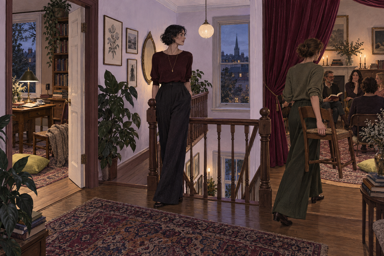 An illustrated apartment opened like a theatre: a spare chair, a notebook and a quiet room.